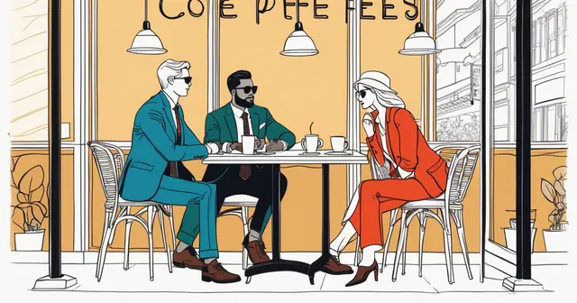 three people are sitting at a table in front of a sign that says cote pepe fees