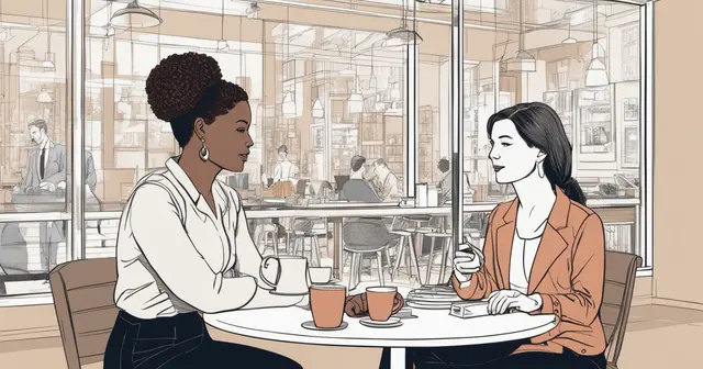 a drawing of two women sitting at a table drinking coffee