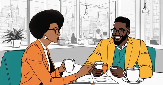 a man and a woman are sitting at a table drinking coffee