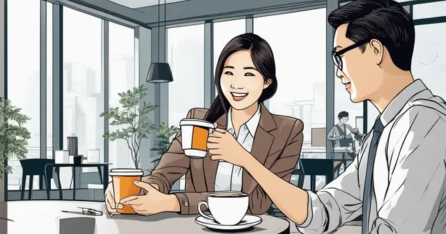 a man and a woman are sitting at a table drinking coffee