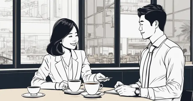 a man and a woman sit at a table with cups of coffee
