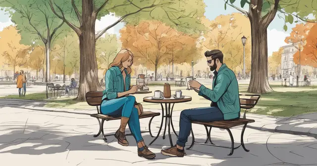 an illustration of a man and woman sitting at a table in a park