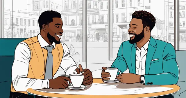 two men are sitting at a table drinking coffee and smiling