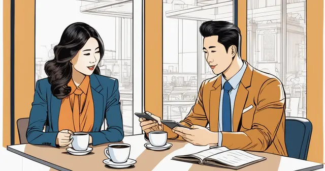 2 asian working professionals talking over coffee drawing colored
