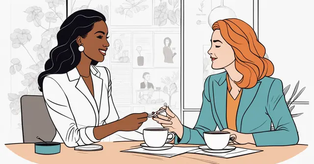 2 female professionals talking over coffee one red head and on woman of color
