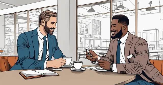 2 men professionals talking over coffee onc caucasic man and one man of color