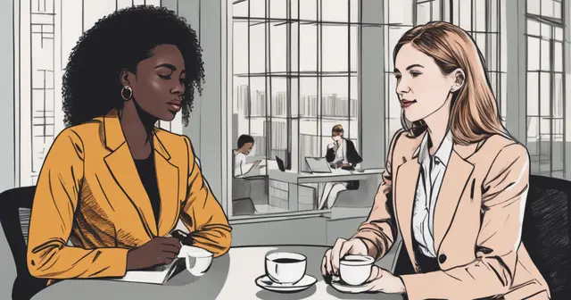 Female professionals talking over coffee woman of color yellow jacket pale white woman ligth jacket