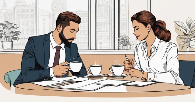 Male and female working professionals talking over coffee drawing
