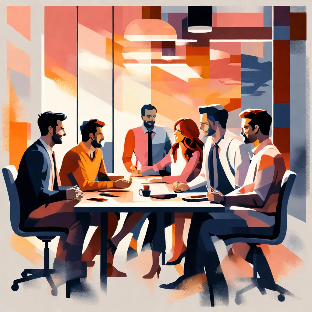 simple abstract illustration of A group of employees collaborating in a meeting, warm colours simple abstract illustration of A group of employees collaborating in a meeting, warm colours