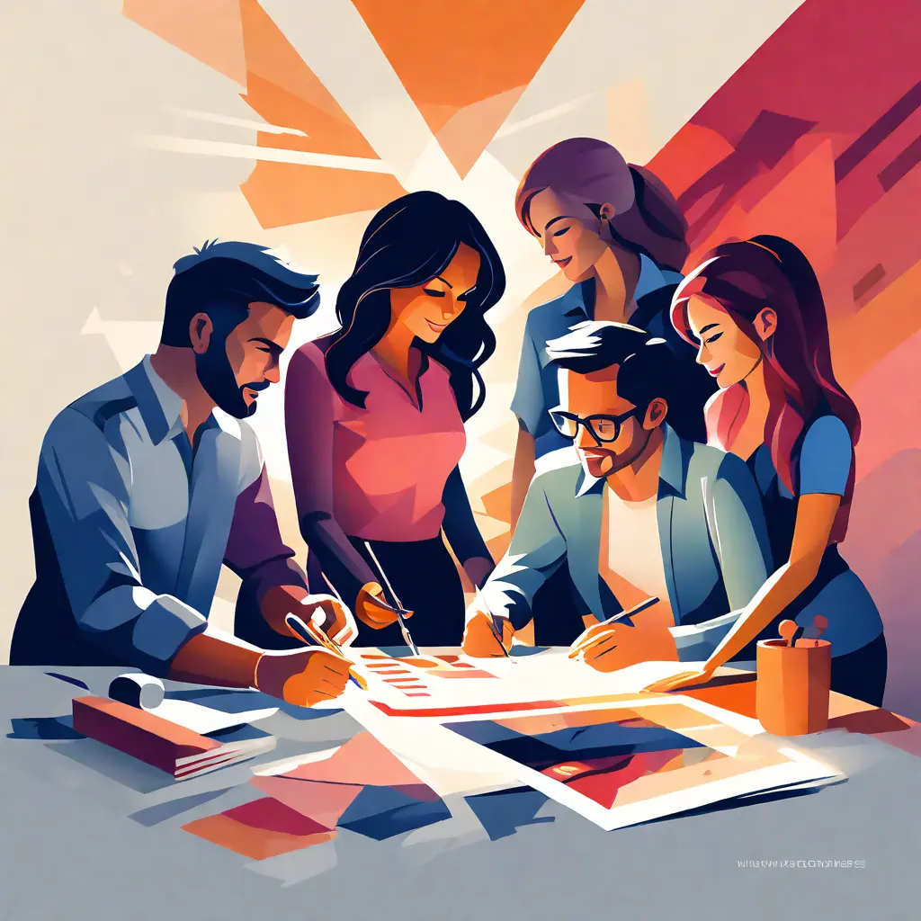 simple abstract illustration of A team of employees working together on a project, warm colours simple abstract illustration of A team of employees working together on a project, warm colours