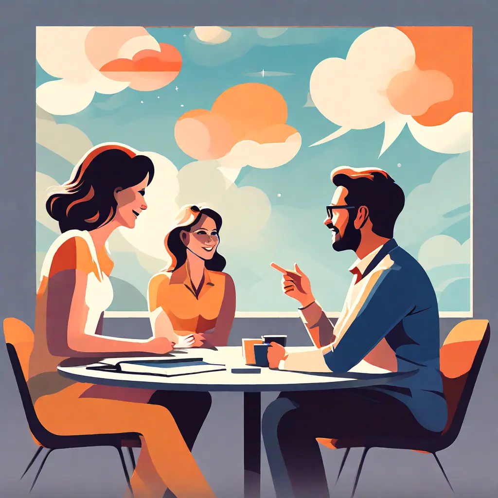 simple abstract illustration of An employee providing feedback or suggestions during a meeting, warm colours simple abstract illustration of An employee providing feedback or suggestions during a meeting, warm colours