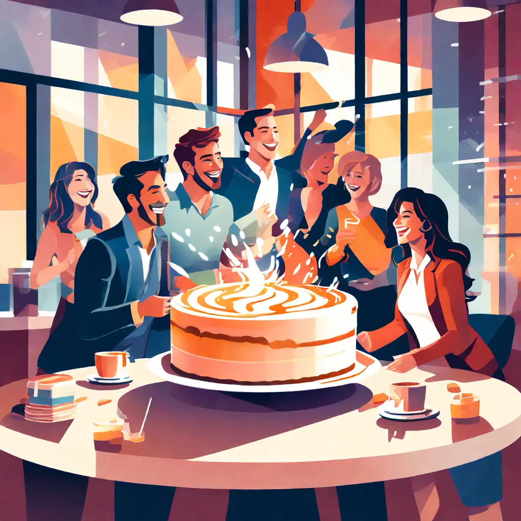 simple abstract illustration of  A group of employees celebrating with a cake in the break room, warm colours