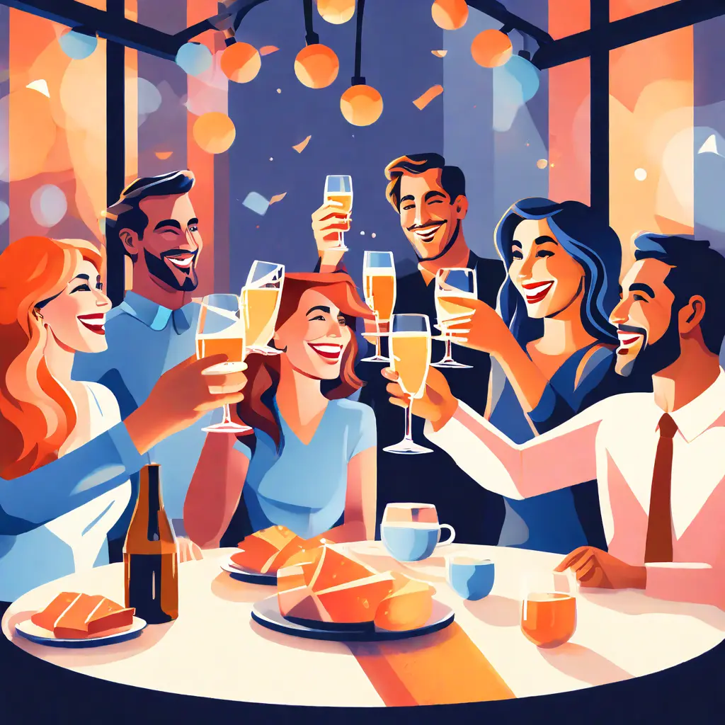 simple abstract illustration of  A group of employees raising a toast at a company party, warm colours