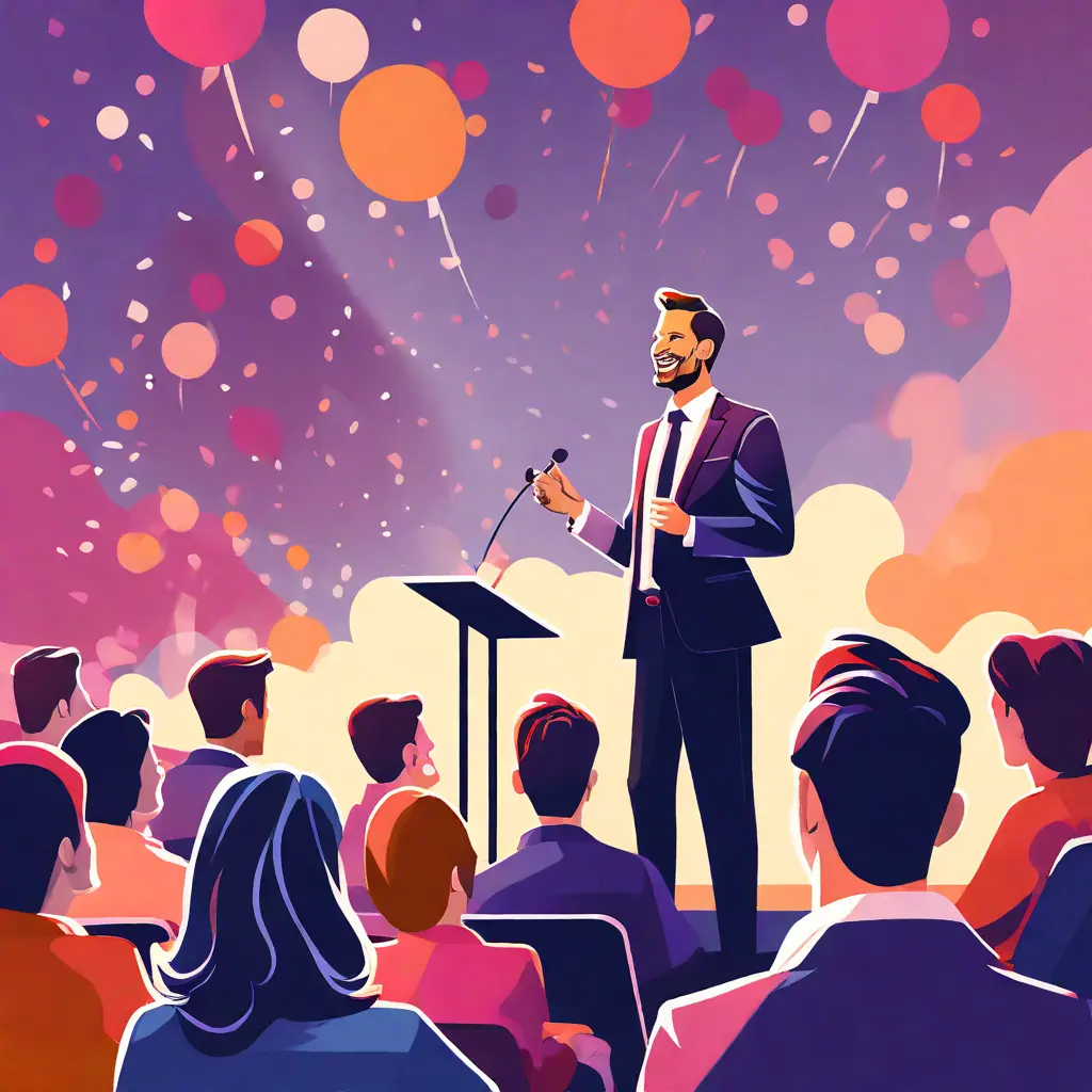 simple abstract illustration of A manager giving a speech at an employee anniversary event, warm colours simple abstract illustration of A manager giving a speech at an employee anniversary event, warm colours