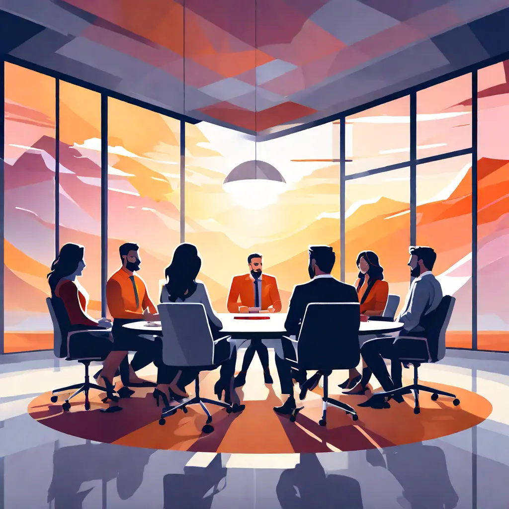 simple abstract illustration of A team of employees having a meeting in a conference room, warm colours simple abstract illustration of A team of employees having a meeting in a conference room, warm colours