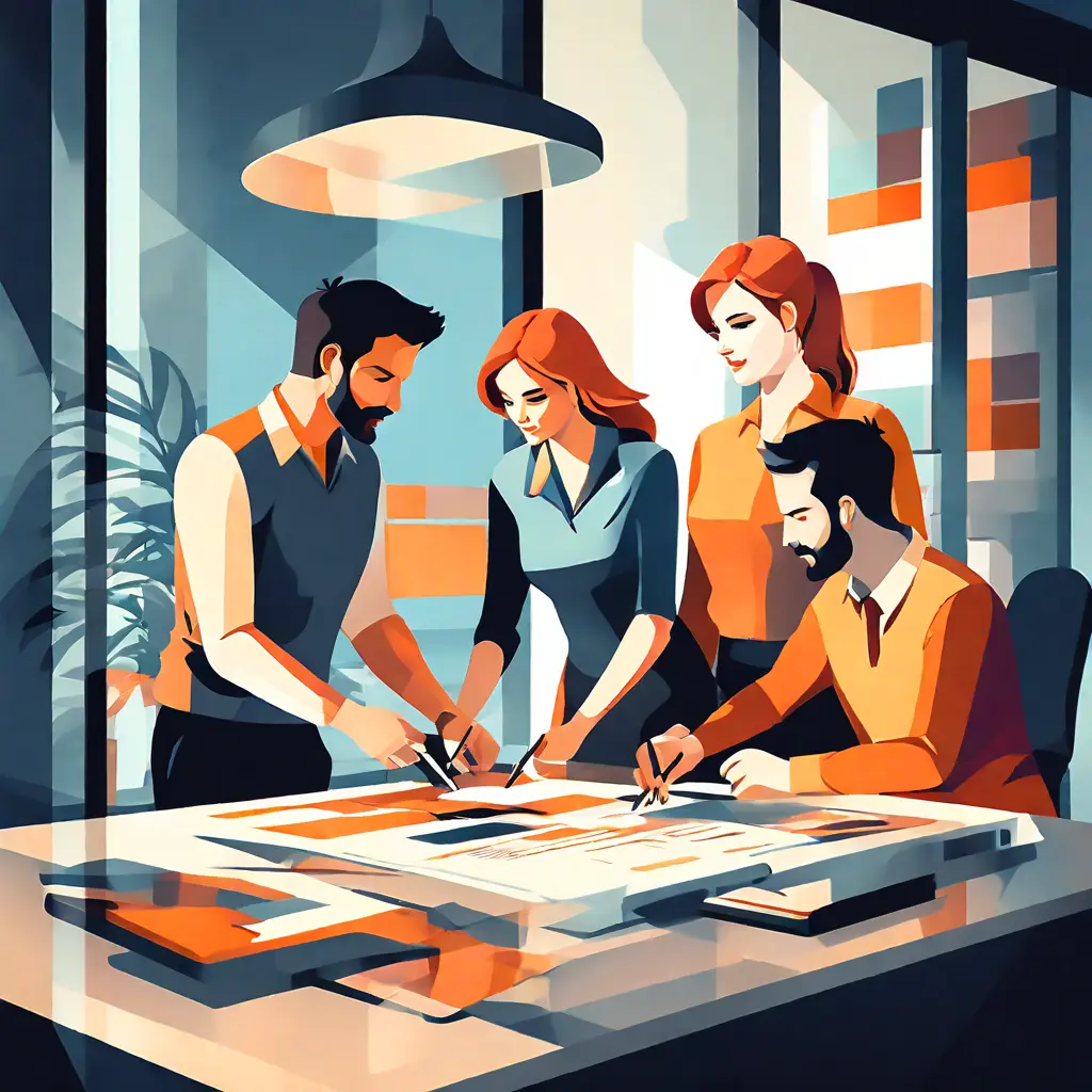 simple abstract illustration of  A team of employees working together on a project in the office, warm colours