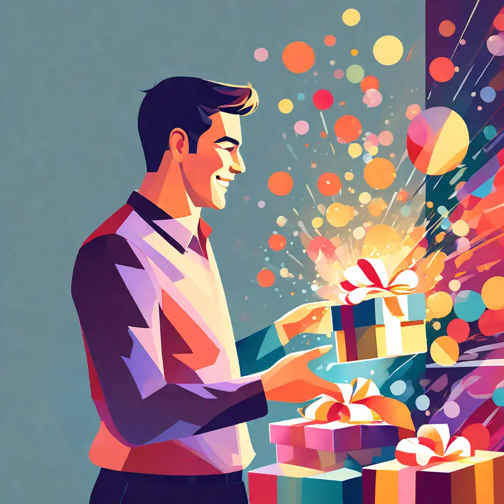 simple abstract illustration of  An employee opening a gift from their company, warm colours