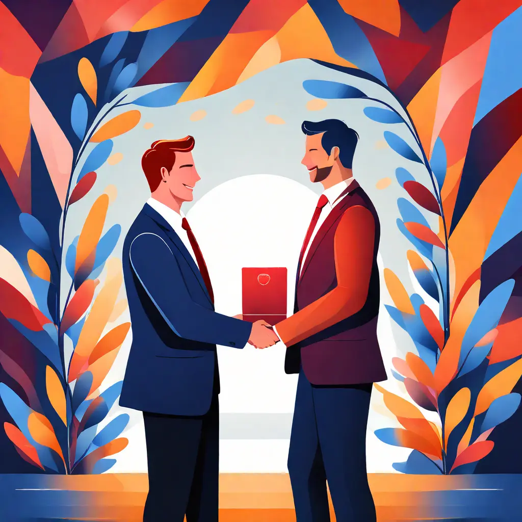 simple abstract illustration of  An employee receiving a certificate or award from their manager, warm colours