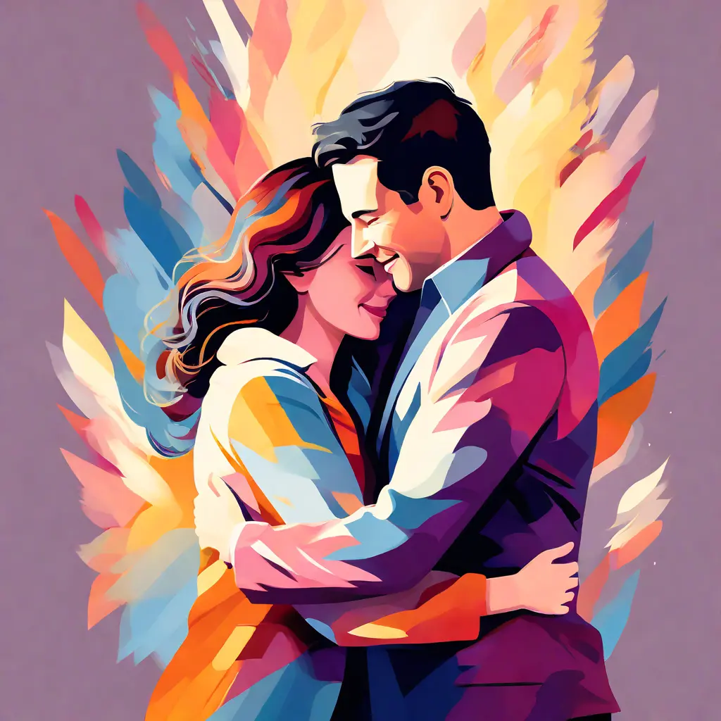 simple abstract illustration of An employee receiving a hug from a colleague, warm colours simple abstract illustration of An employee receiving a hug from a colleague, warm colours