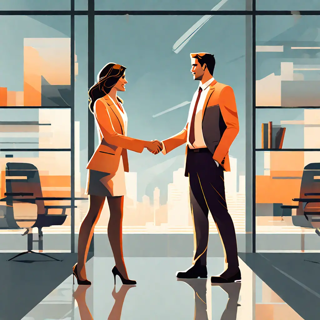 simple abstract illustration of Two employees shaking hands in an office setting, warm colours simple abstract illustration of Two employees shaking hands in an office setting, warm colours