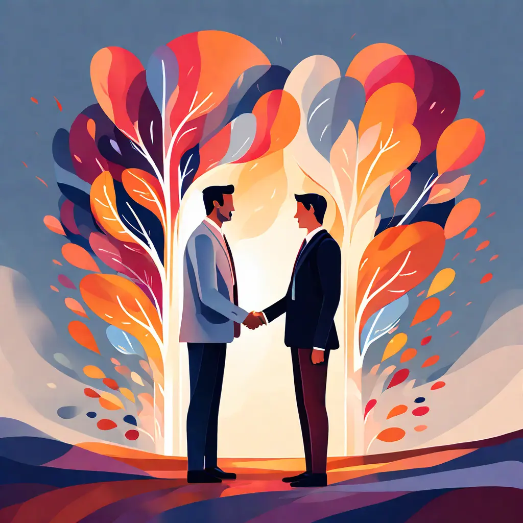 simple abstract illustration of  Employee receiving support from their manager, warm colours