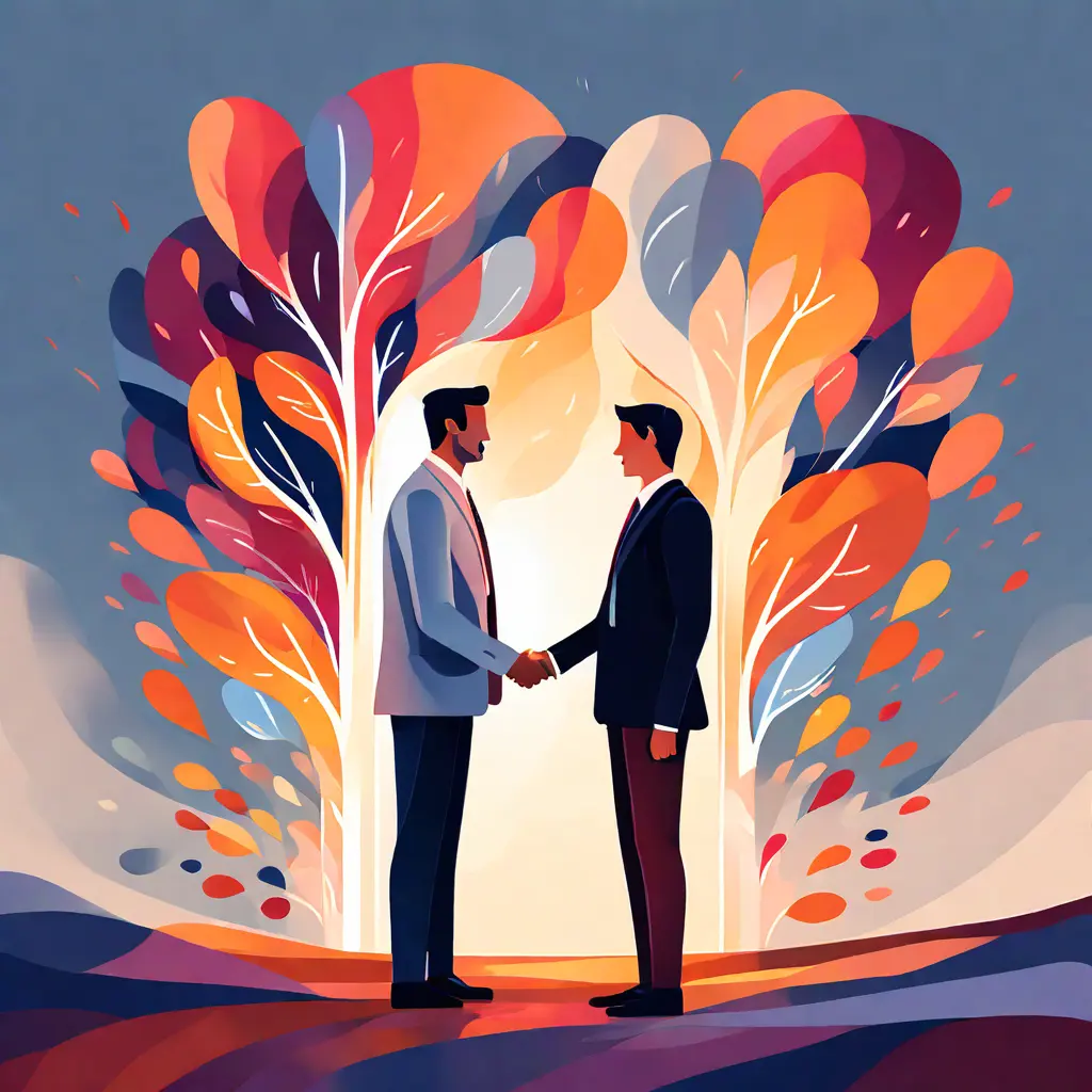 simple abstract illustration of Employee receiving support from their manager, warm colours simple abstract illustration of Employee receiving support from their manager, warm colours