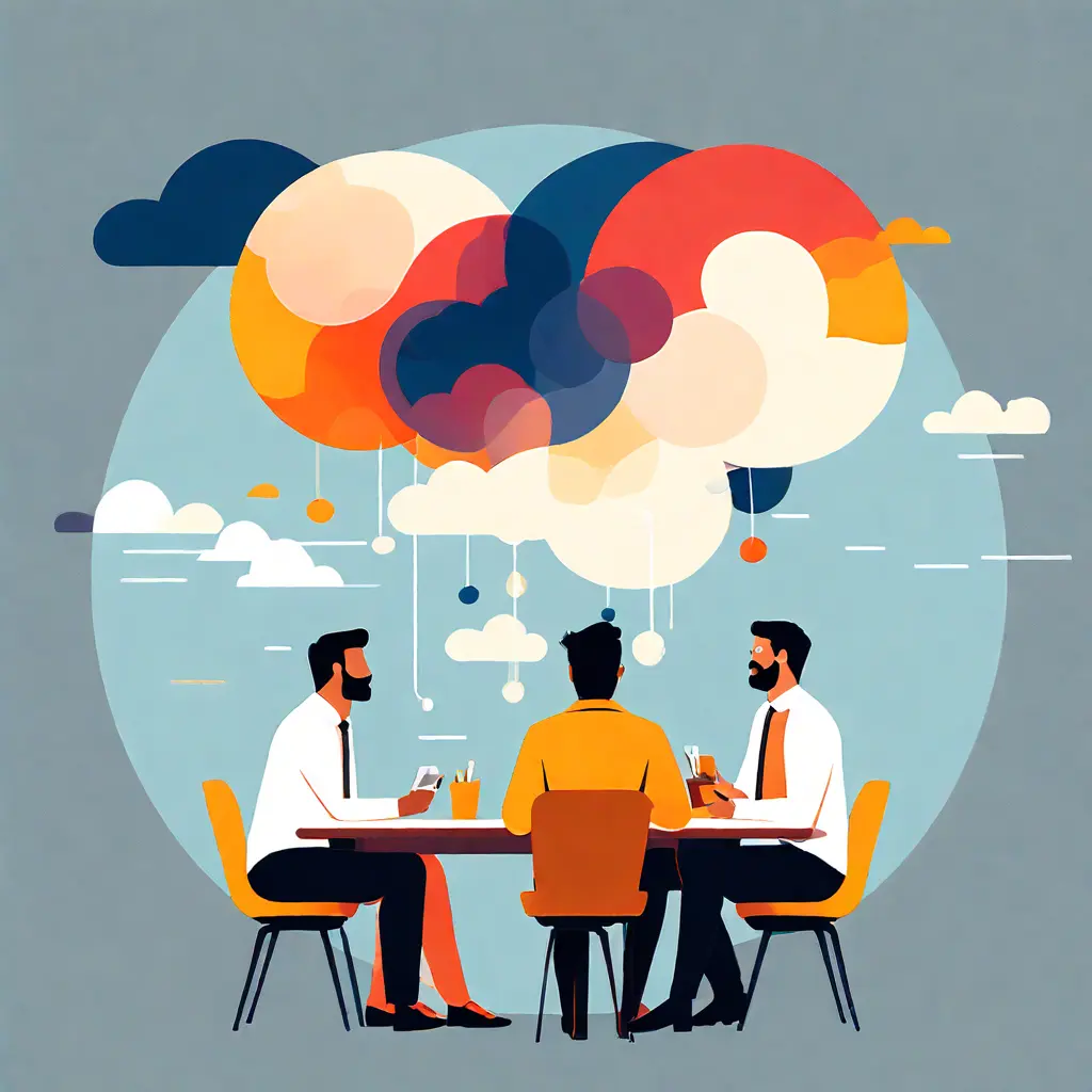 simple abstract illustration of Employee sharing ideas during a brainstorming session, warm colours simple abstract illustration of Employee sharing ideas during a brainstorming session, warm colours