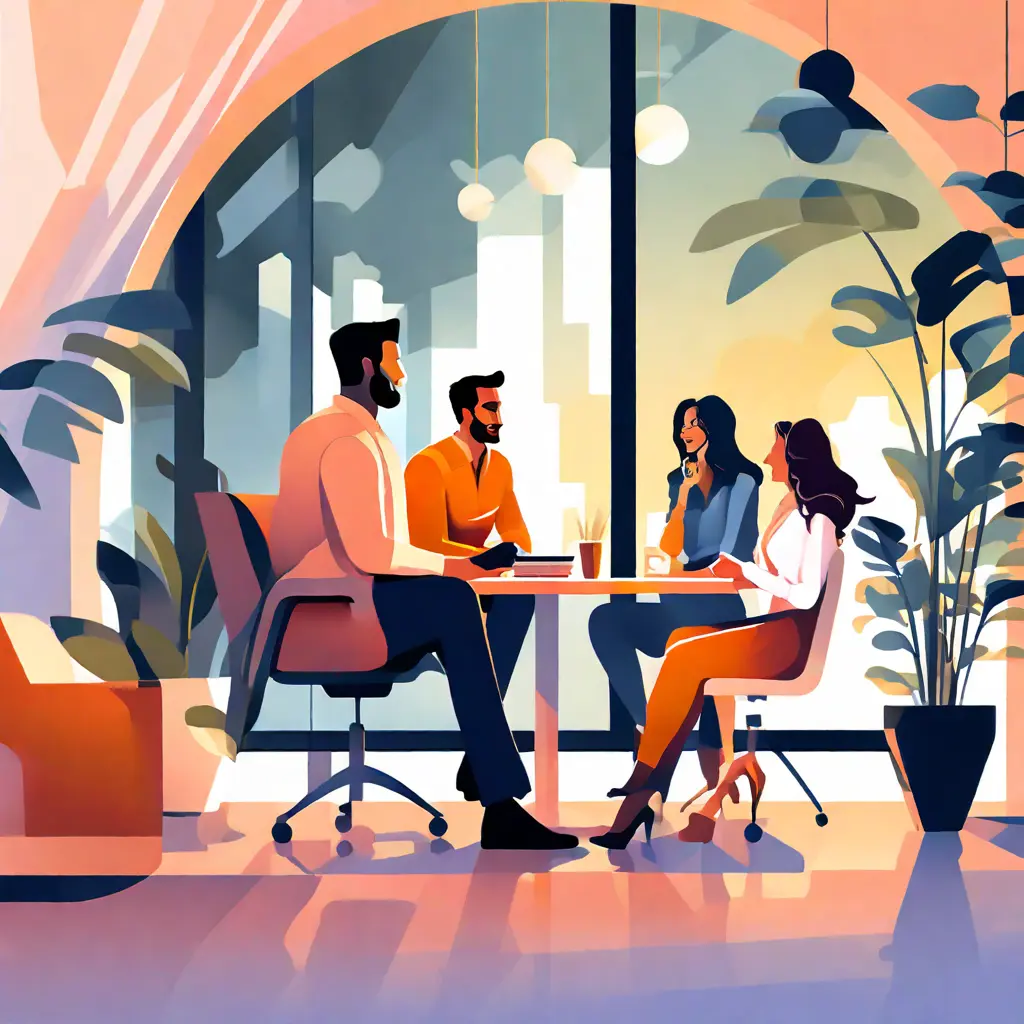 simple abstract illustration of  Employee taking a break and socializing with colleagues, warm colours