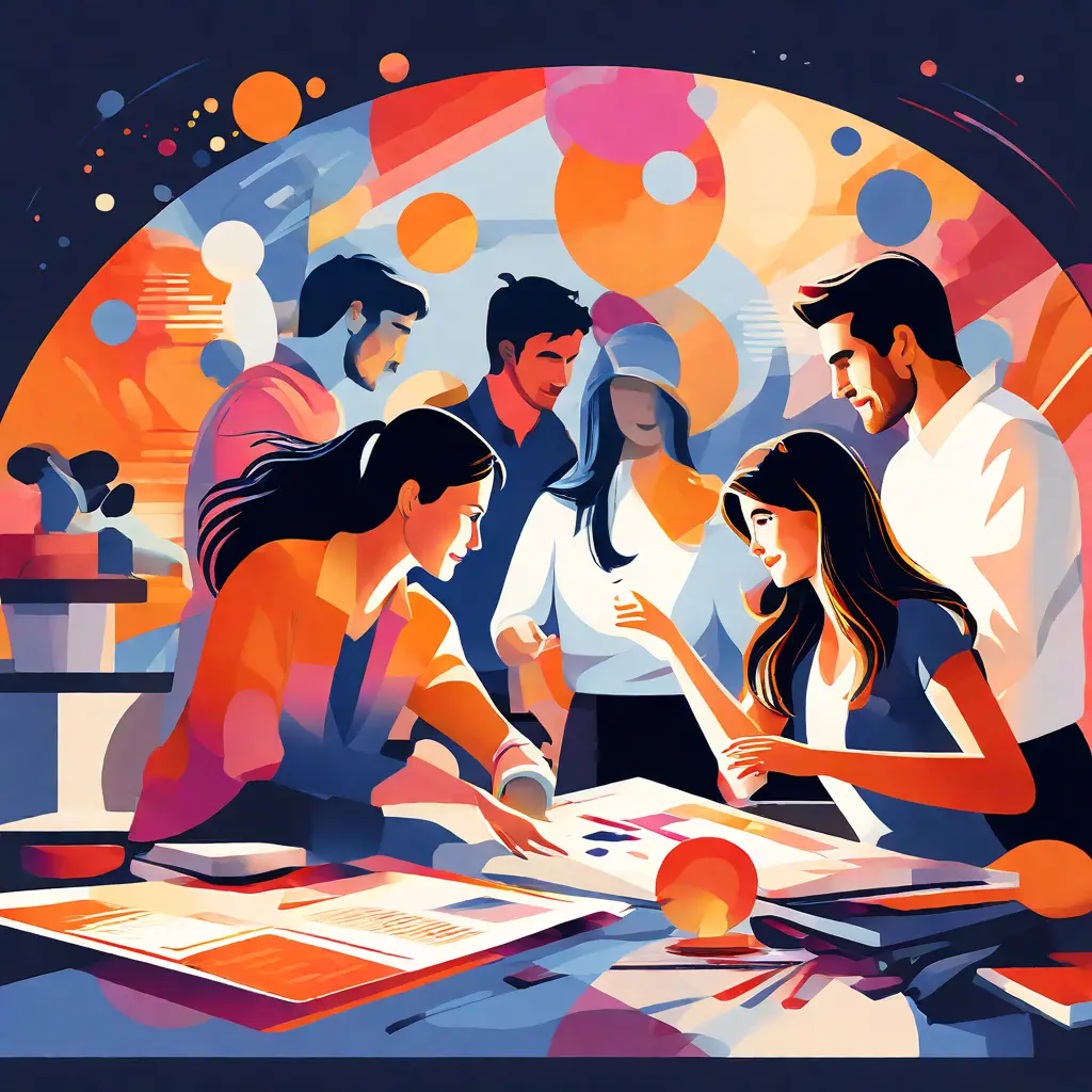 simple abstract illustration of Employees collaborating on a project, warm colours simple abstract illustration of Employees collaborating on a project, warm colours