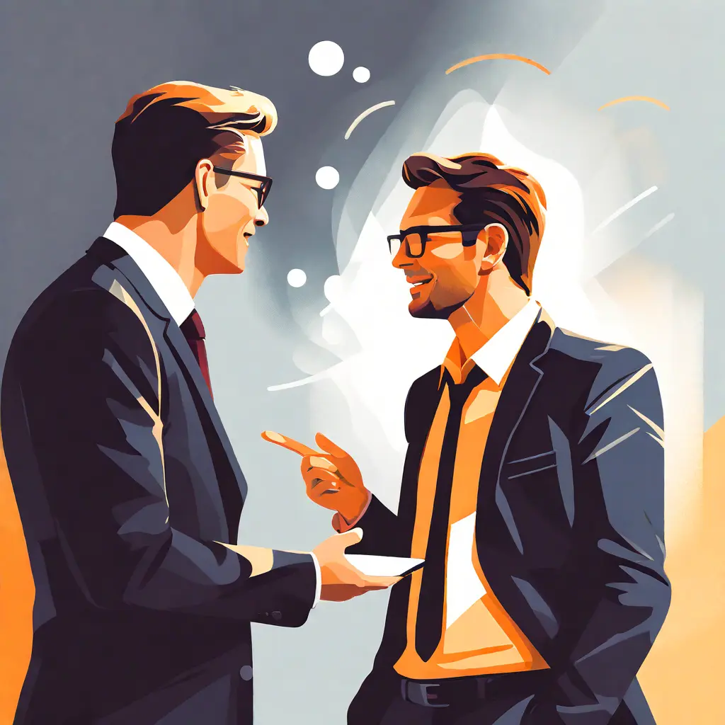 simple abstract illustration of  Manager giving feedback to an employee, warm colours