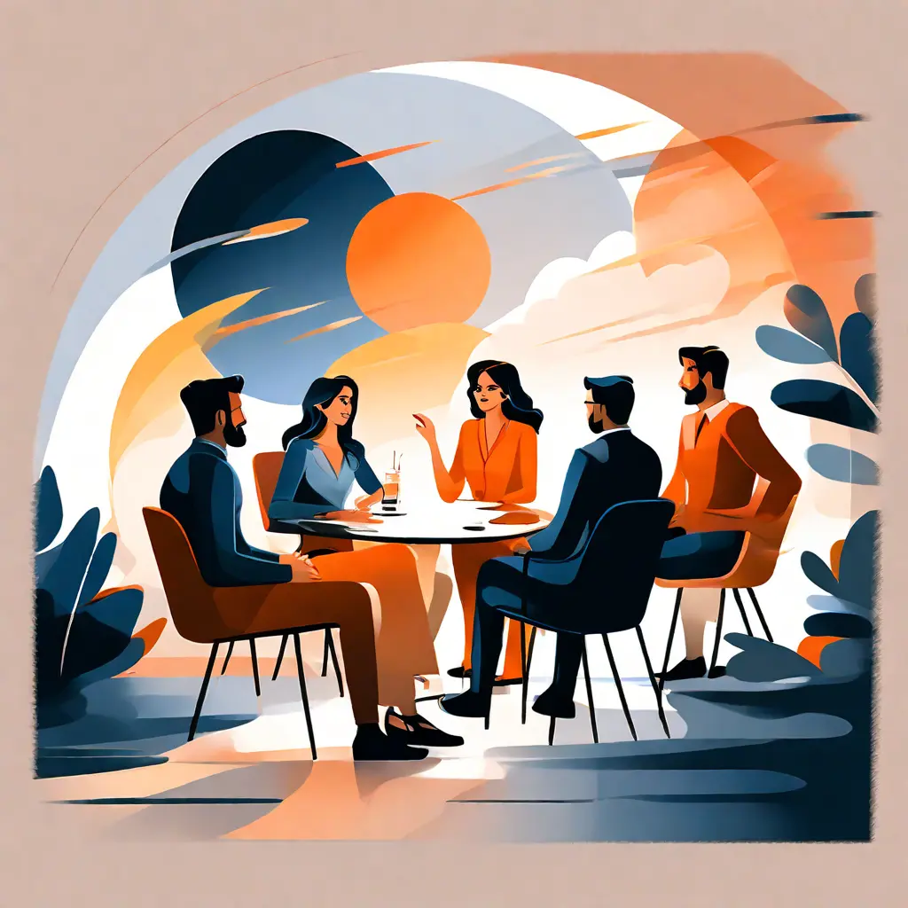 simple abstract illustration of Team meeting to discuss goals and objectives, warm colours simple abstract illustration of Team meeting to discuss goals and objectives, warm colours