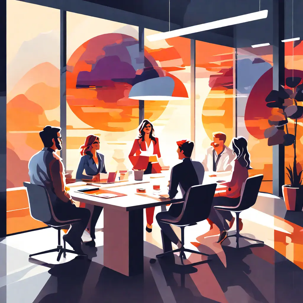 simple abstract illustration of  A group of employees brainstorming in a conference room, warm colours