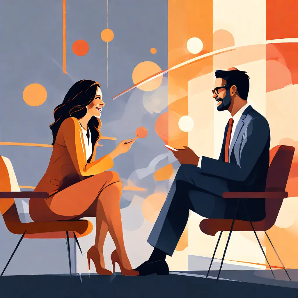 simple abstract illustration of  A mentor and mentee discussing career development goals, warm colours