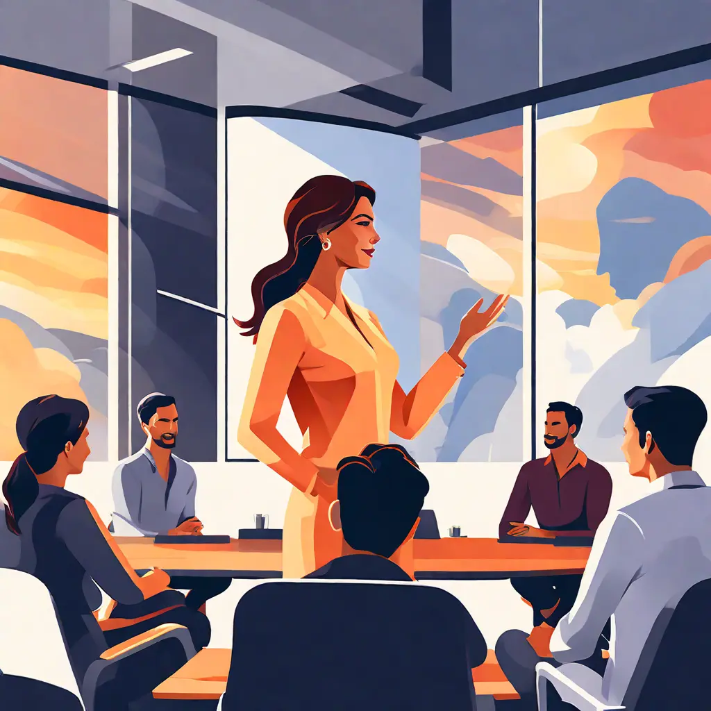 simple abstract illustration of  An employee leading a training session for their colleagues, warm colours