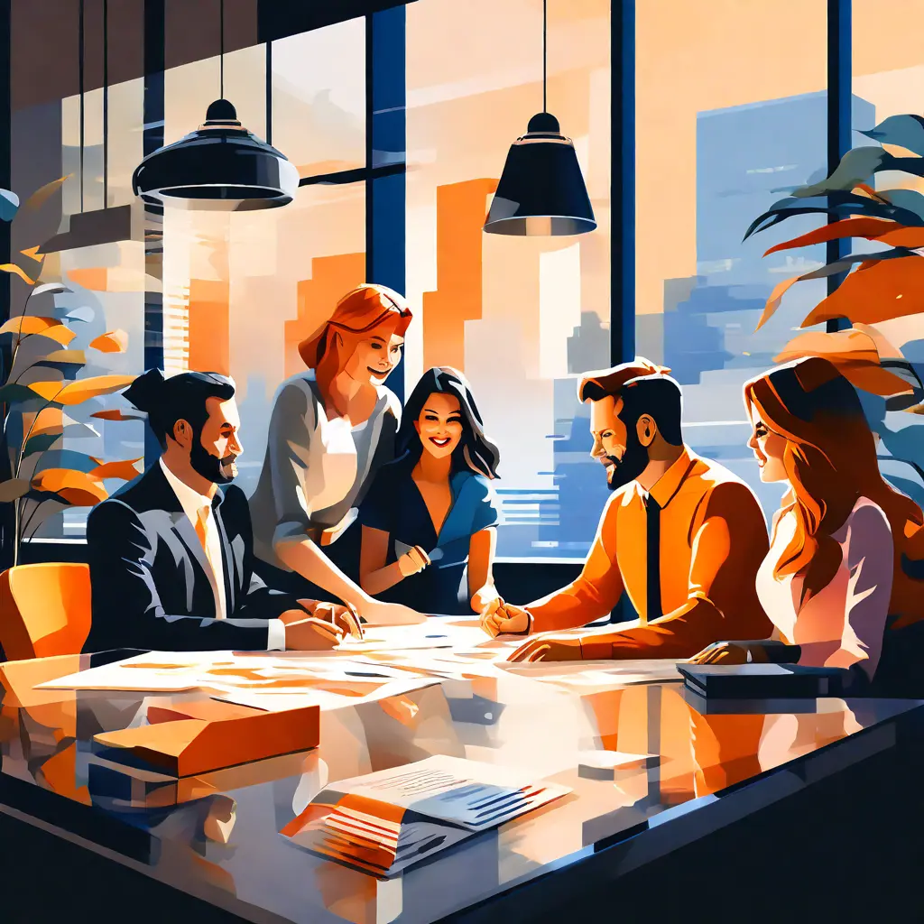 simple abstract illustration of Team members collaborating on a project in a modern office space, warm colours simple abstract illustration of Team members collaborating on a project in a modern office space, warm colours