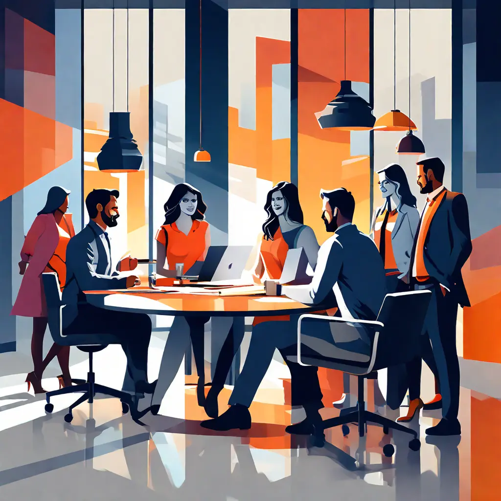 simple abstract illustration of  A diverse group of employees collaborating in a modern office space, warm colours