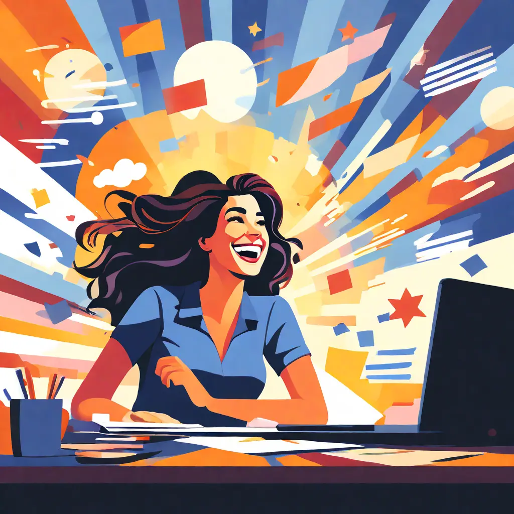 simple abstract illustration of  A happy and engaged employee working on a project with enthusiasm, warm colours