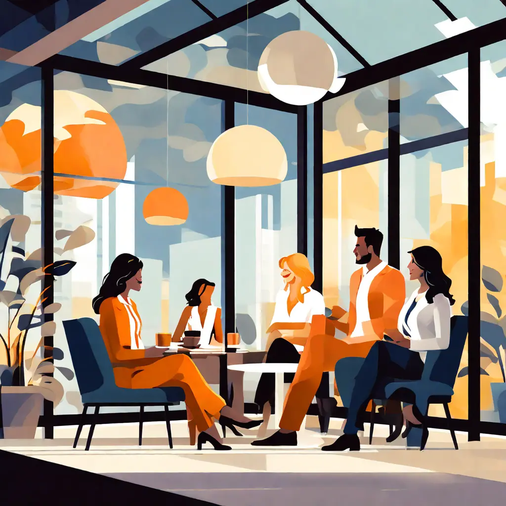 simple abstract illustration of  An employee taking a break and socializing with colleagues in a relaxed setting, warm colours