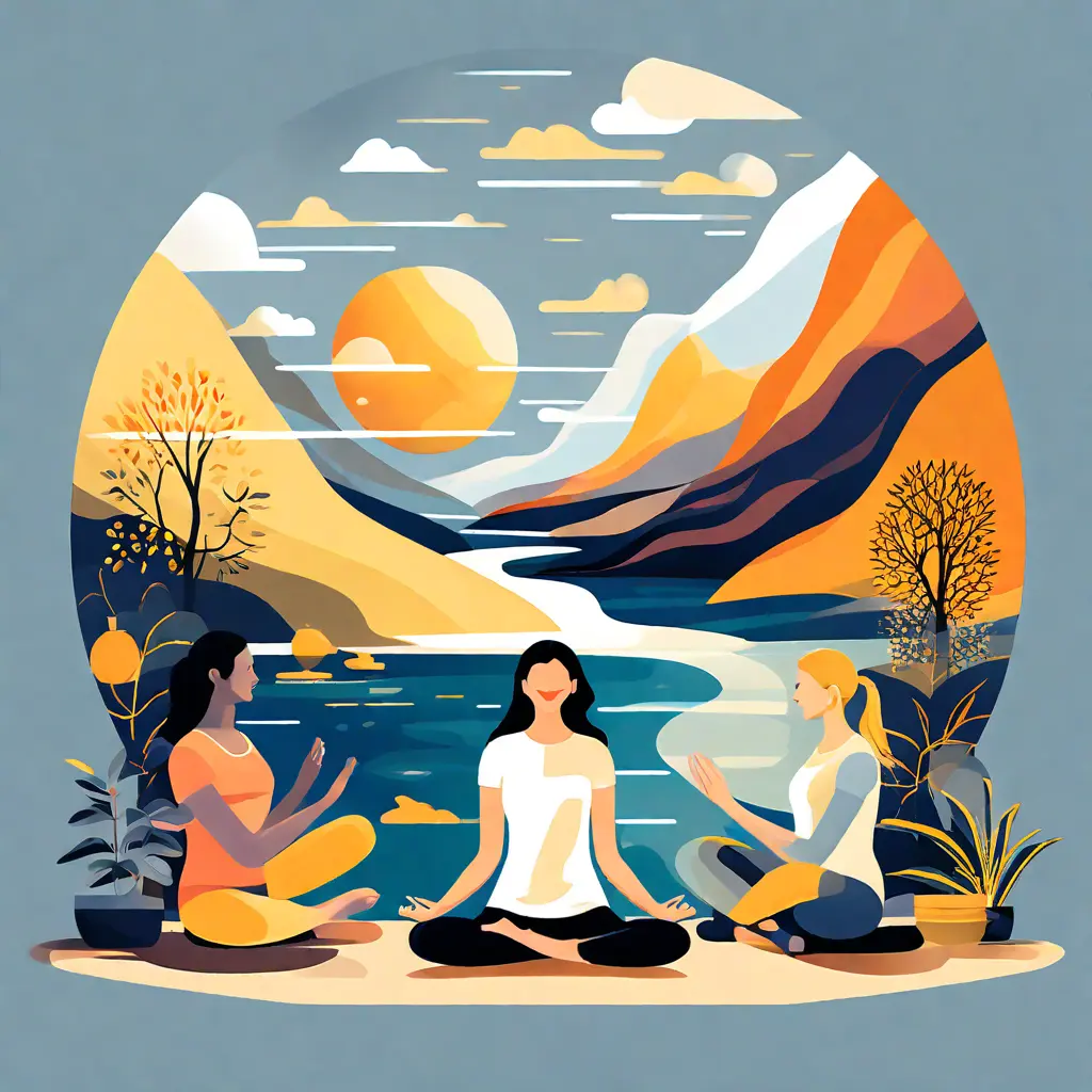simple abstract illustration of Employee wellness program in action (e.g. yoga class, meditation session), warm colours simple abstract illustration of Employee wellness program in action (e.g. yoga class, meditation session), warm colours