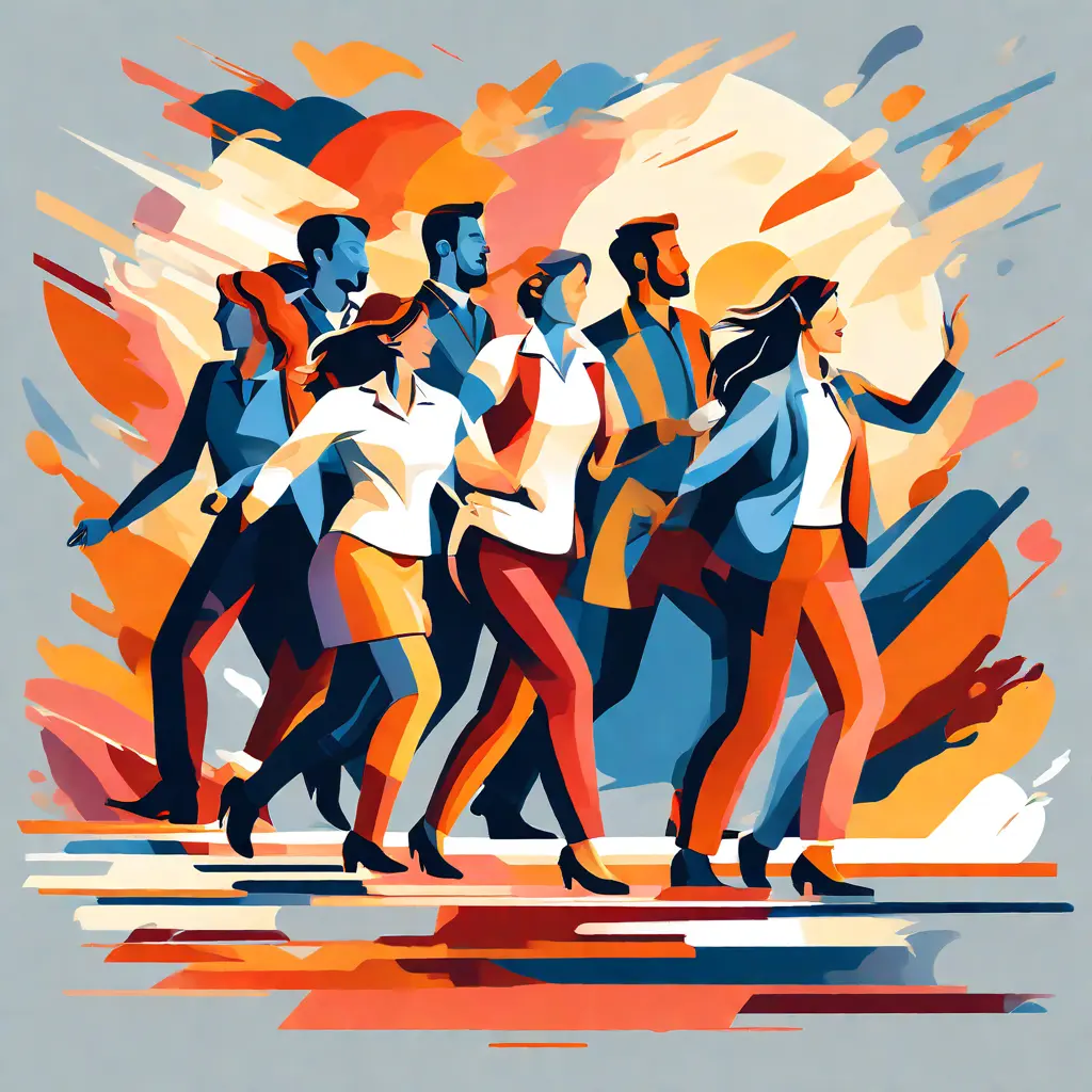 simple abstract illustration of Group of employees participating in a team building activity, warm colours simple abstract illustration of Group of employees participating in a team building activity, warm colours