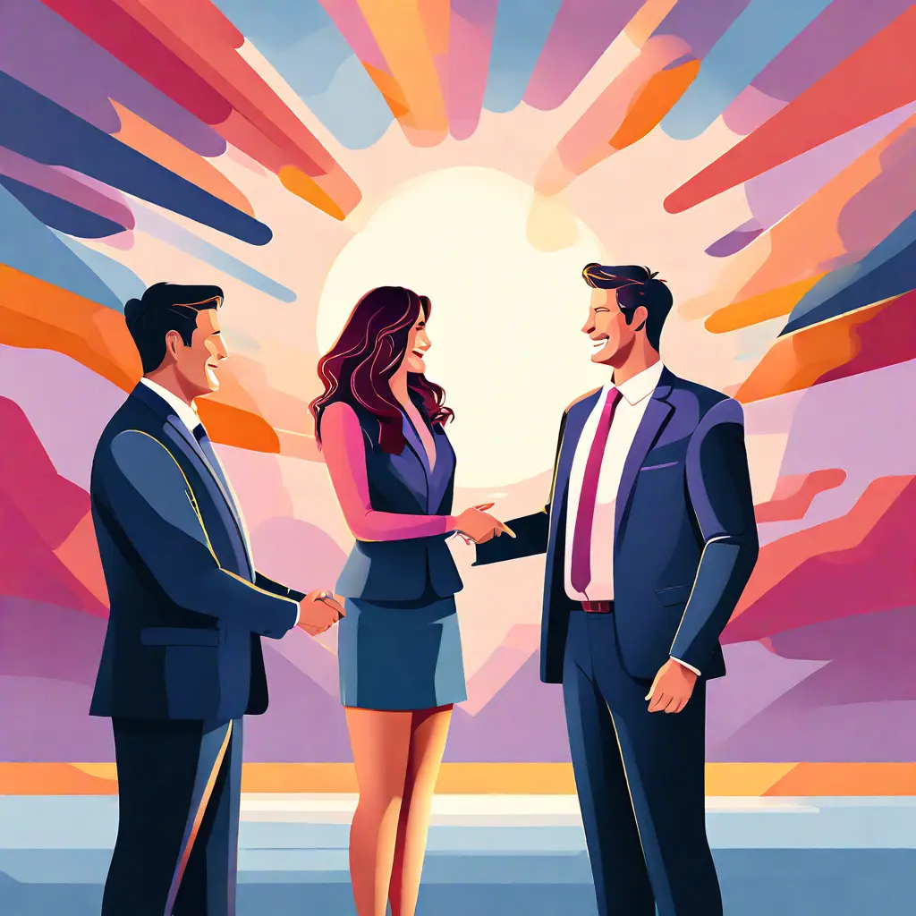 simple abstract illustration of Employee receiving recognition or award from their manager, warm colours simple abstract illustration of Employee receiving recognition or award from their manager, warm colours