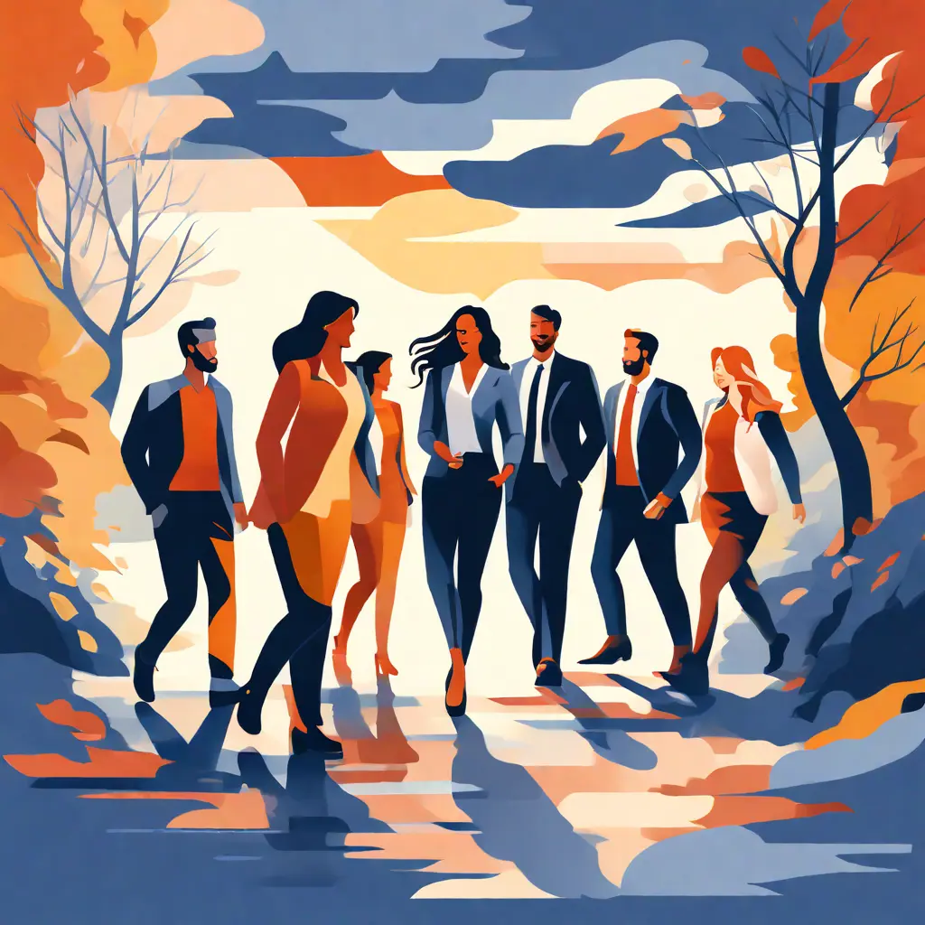 simple abstract illustration of  Employees participating in a team building activity outdoors, warm colours