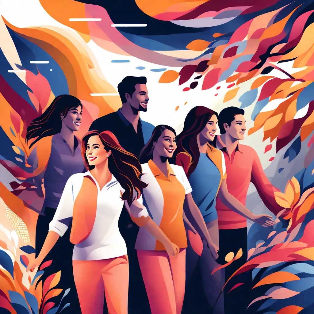 simple abstract illustration of Employees volunteering in the community, warm colours simple abstract illustration of Employees volunteering in the community, warm colours