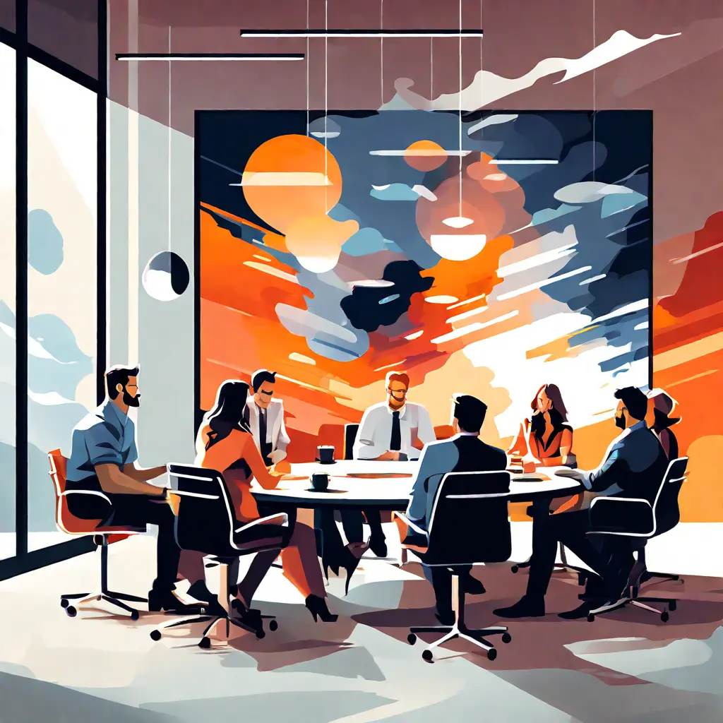 simple abstract illustration of  Group of employees brainstorming ideas in a conference room, warm colours