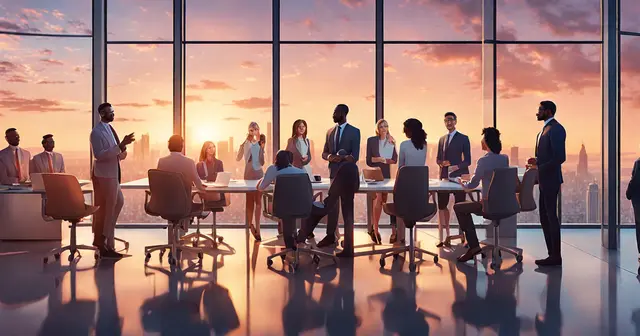 a group of business people are having a meeting in front of a large window