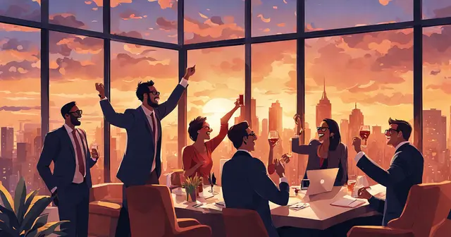 a group of people are sitting around a table with their arms in the air