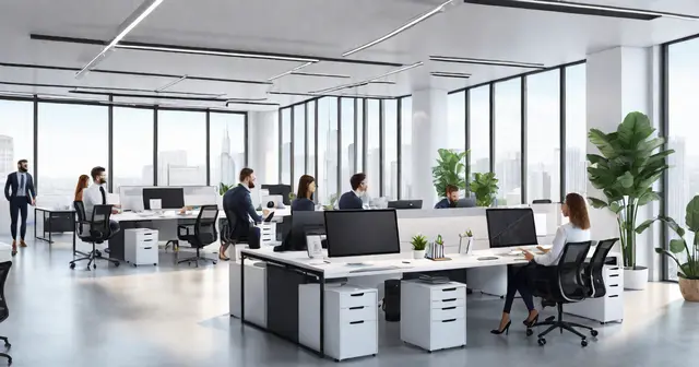 a group of people are sitting at desks in an office