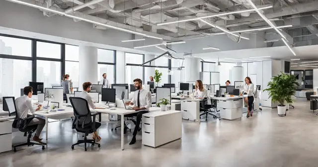 a group of people are sitting at desks in an office