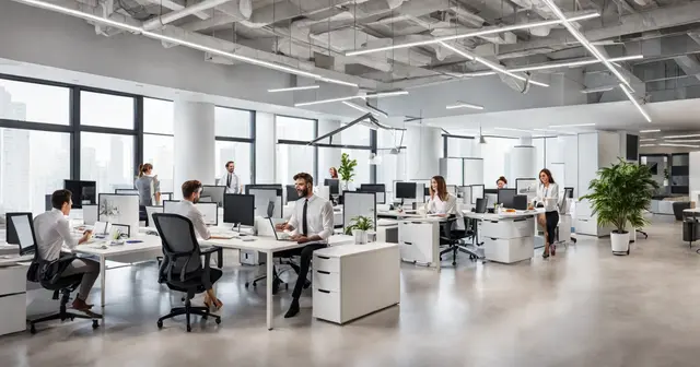 a group of people are sitting at desks in an office a group of people are sitting at desks in an office