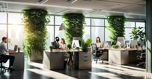 a group of people are sitting at desks in an office surrounded by plants